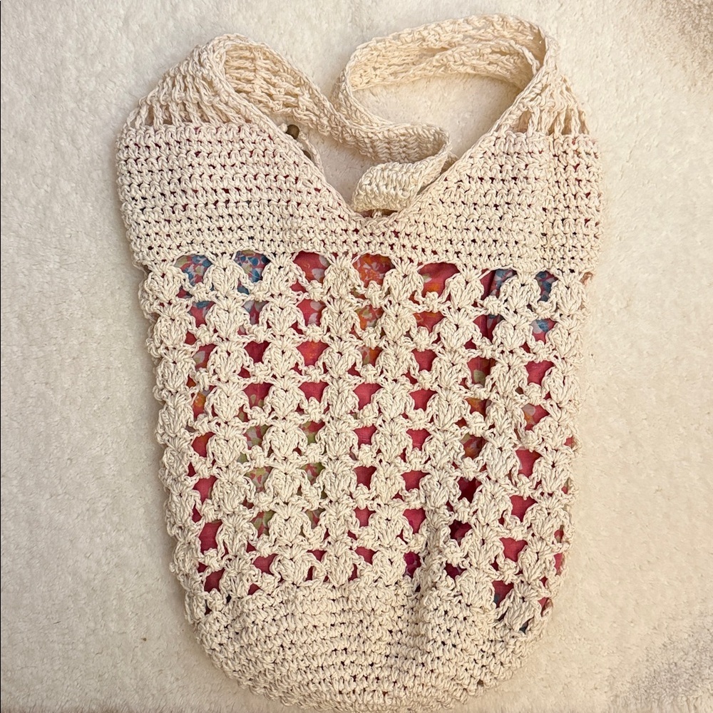 Crochet Lace Market Tote Boho Cream Knit Shoulder Bag Floral Lined NWOT - Picture 6 of 6